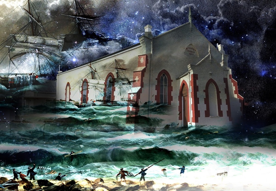 An artist impression of the In Perilous Seas show at the Aldinga Uniting Church.