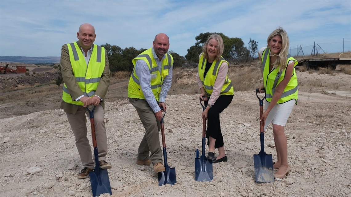 On the site of the new material recycling facility planned for Seaford Heights (left to right): City of Marion Mayor Kris Hanna, SRWRA CEO Chris Adams, City of Holdfast Bay Mayor Amanda Wilson, and City of Onkaparinga Mayor Erin Thompson.