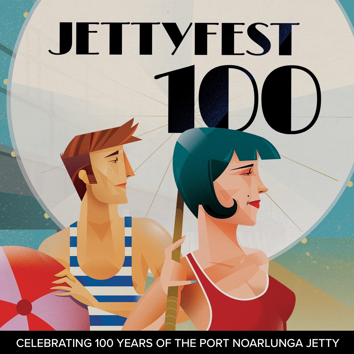 A JettyFest 100 poster featuring an illustrated man and woman alongside the Port Noarlunga jetty with a beach ball and umbrella.