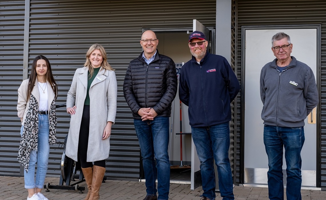 Thalassa Ward councillor Marion Themeliotis, Mayor Erin Thompson, Minister for Recreation, Sport and Racing Corey Wingard, Flagstaff Hill Football Club president Neil Williams and Thalassa Ward councillor Geoff Eaton at the new changerooms.
