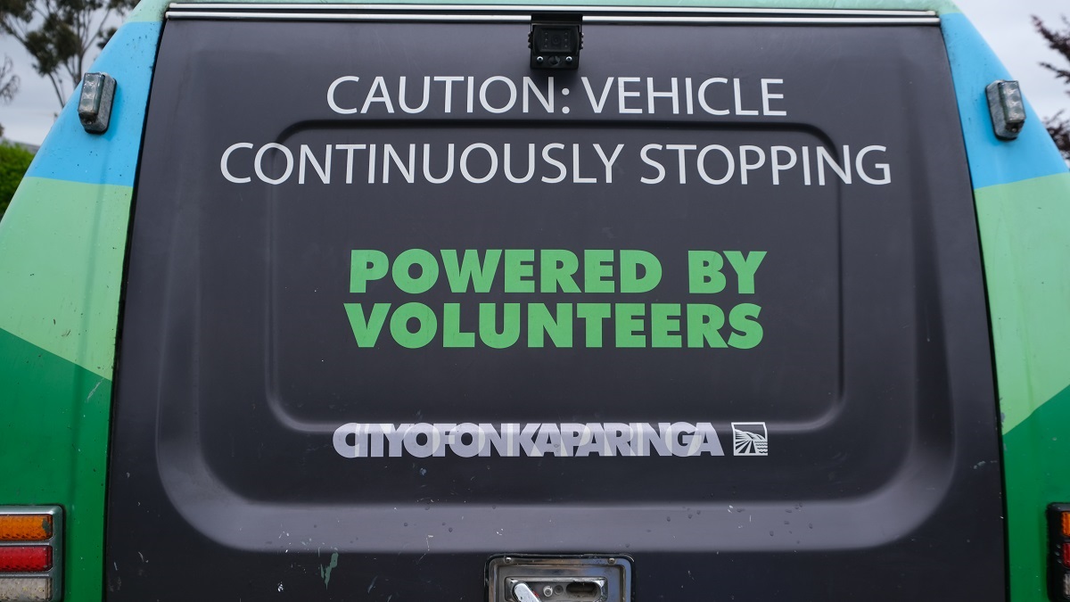 Messaging on the back of an Onkaparinga graffiti removal ute reading 'Powered by volunteers'.
