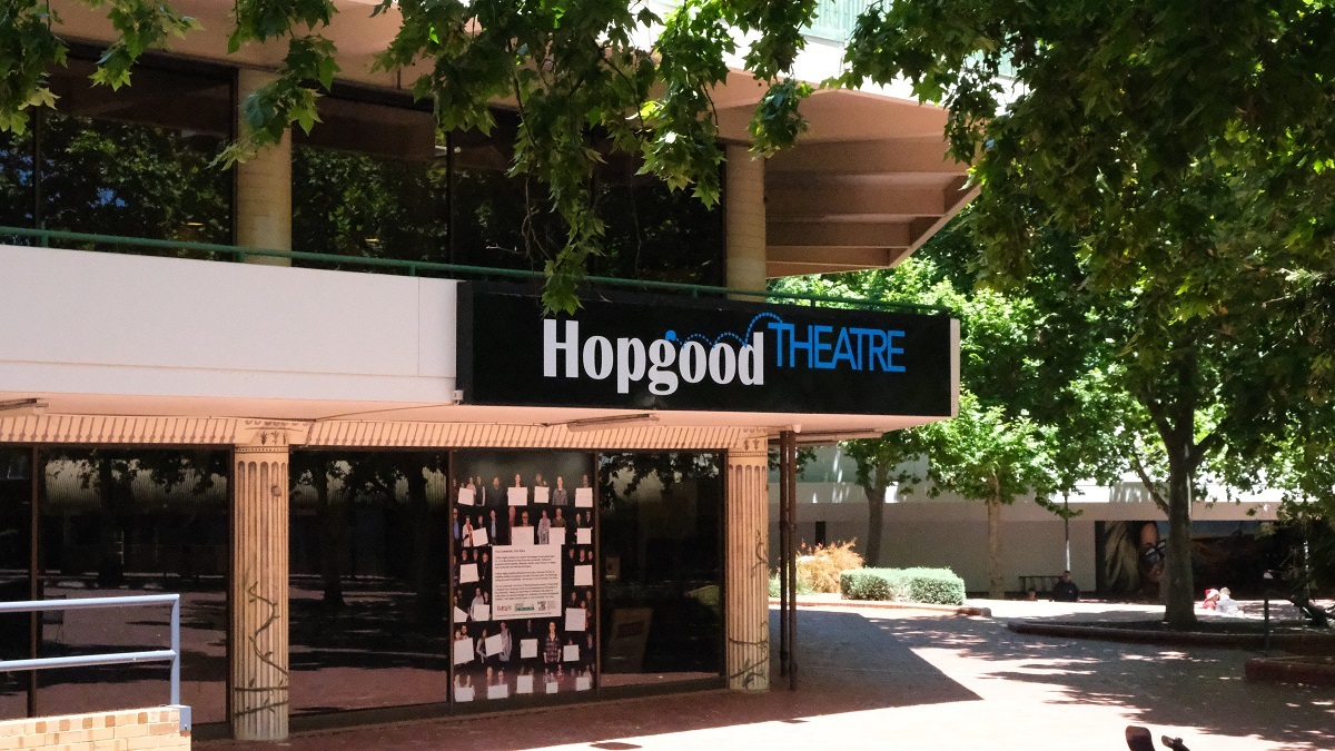A view from Ramsay Place, Noarlunga Centre, of the Hopgood Theatre, fringed by trees.
