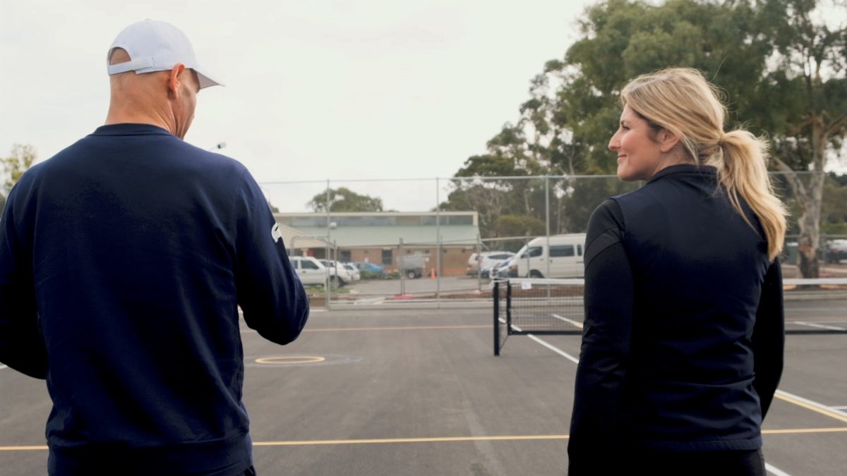 Mayor Erin Thompson and Roger Rasheed at the newly opened tennis courts at Morton Road Reserve.