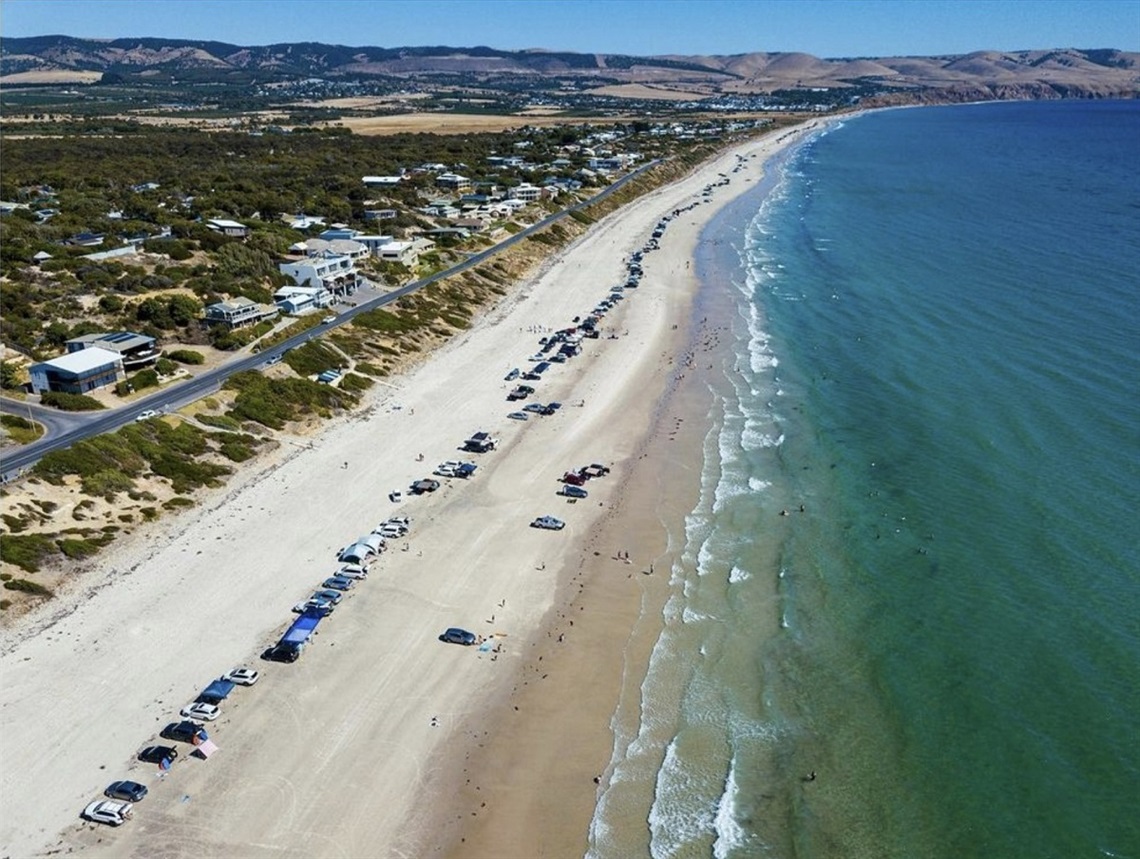 An aerial photo of cars lined up along the beach at Aldinga/Sellicks Beach.
