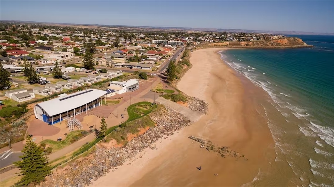 An aerial view of Christies Beach from the Christies Beach Surf Life Saving Club looking south.