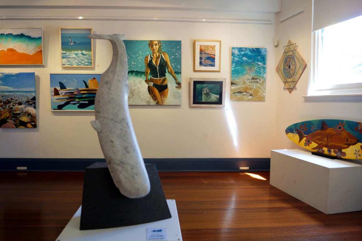 Surfing artworks displayed in the Arts Centre.