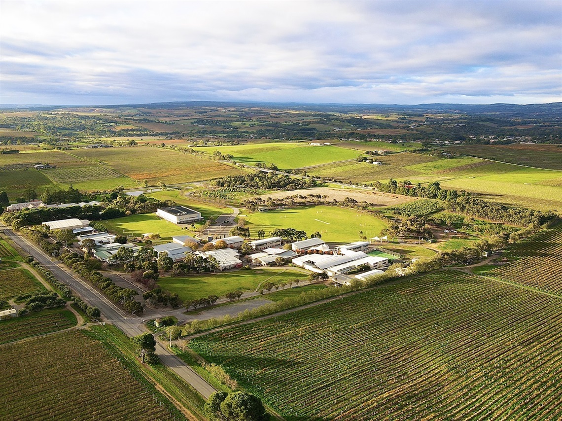 An aerial photograph of Tatachilla Lutheran College surrounded by rolling green hills and vineyards.
