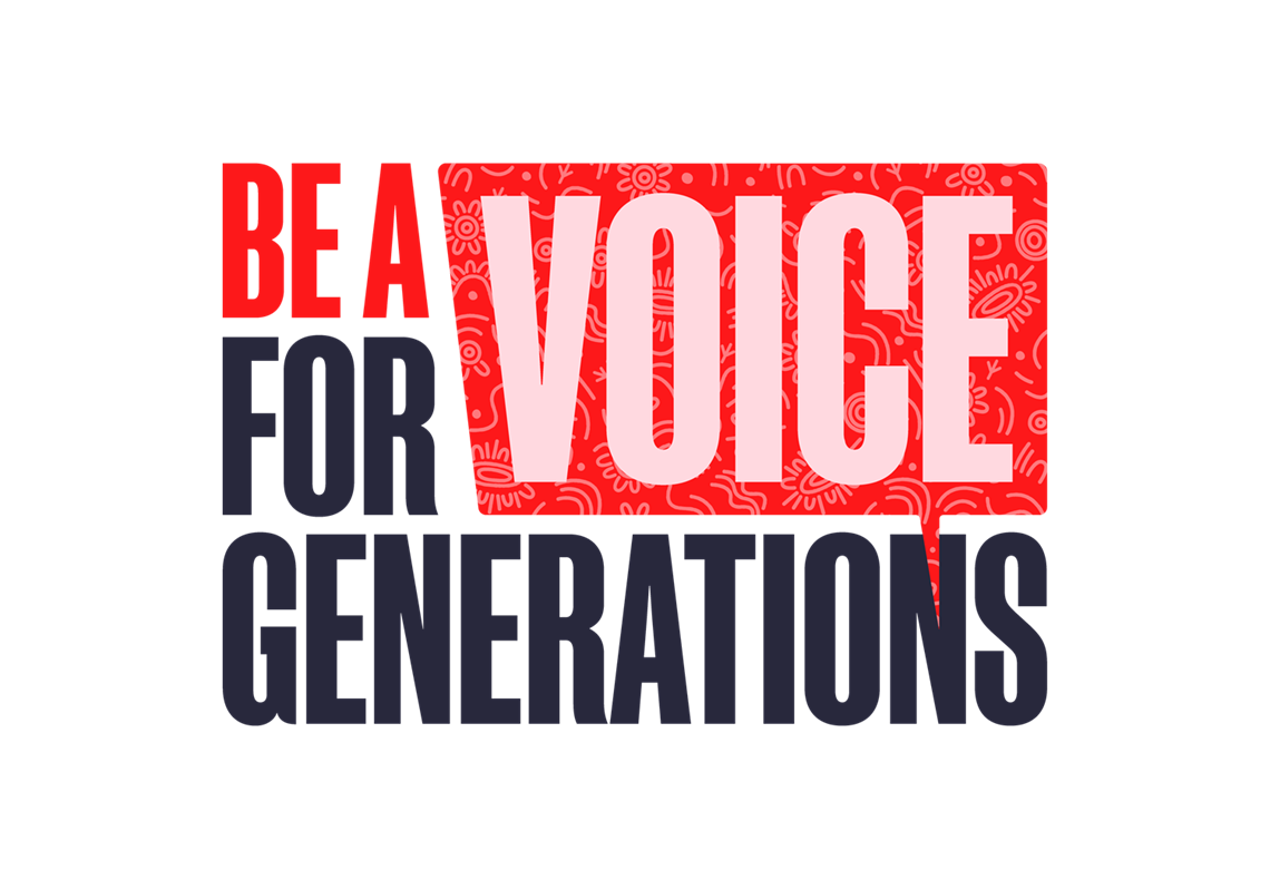 The 2023 National Reconciliation Week theme of 'Be a Voice for Generations' written in bold blue and red text on a light pink background.
