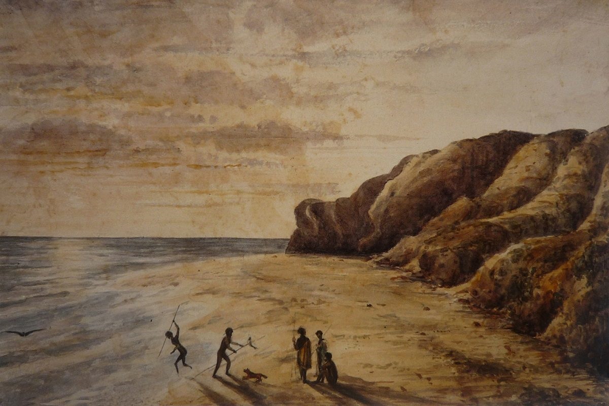 auwa beach, sea shore (at Port Noarlunga). Adapted from Old Whaling Hut (Hephenstall’s Hut) Witton Bluff 1848. E. C. Frome, Art Gallery of South Australia.