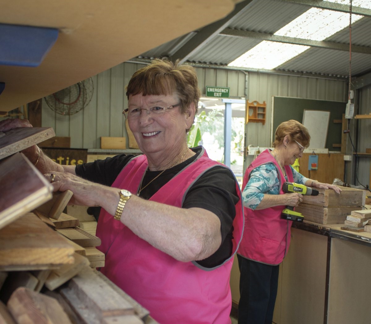 Rosemary Millard and Leone Mitchell practise new skills at the ladies’ shed.