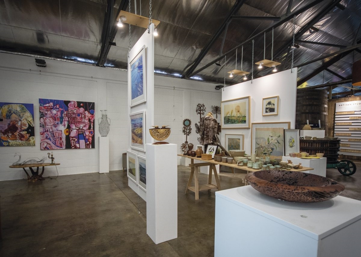 Artist Micky Barlow in her studio; unique necklaces, paintings and woven baskets are often exhibited at the Fleurieu Arthouse