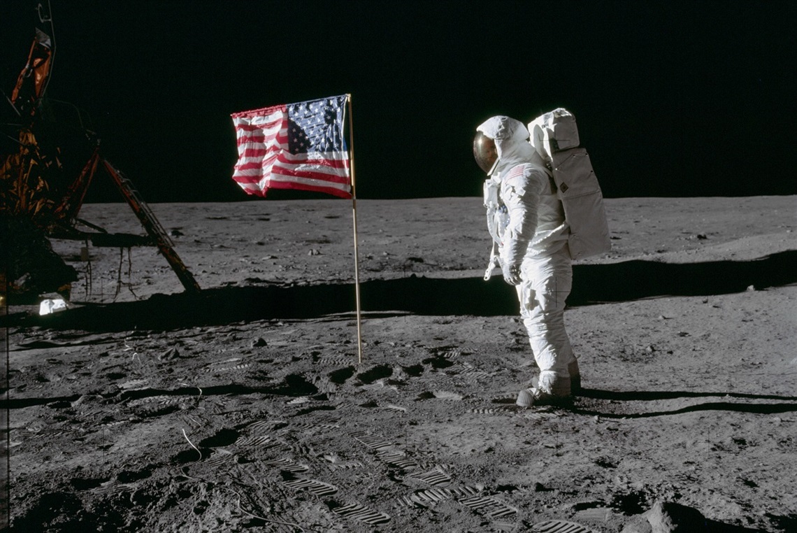 Astronaut Edwin Aldrin poses for photograph beside deployed U.S. flag on the moon, July 20, 1969. Photo: NASA