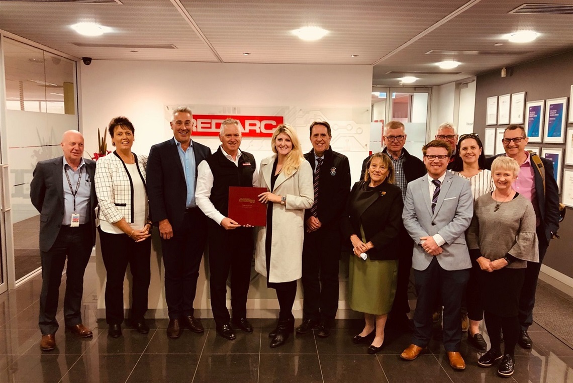 City of Onkaparinga staff and elected members, and REDARC Electronics' CEO Anthony Kittel at REDARC's newly expanded manufacturing facility in Lonsdale.
