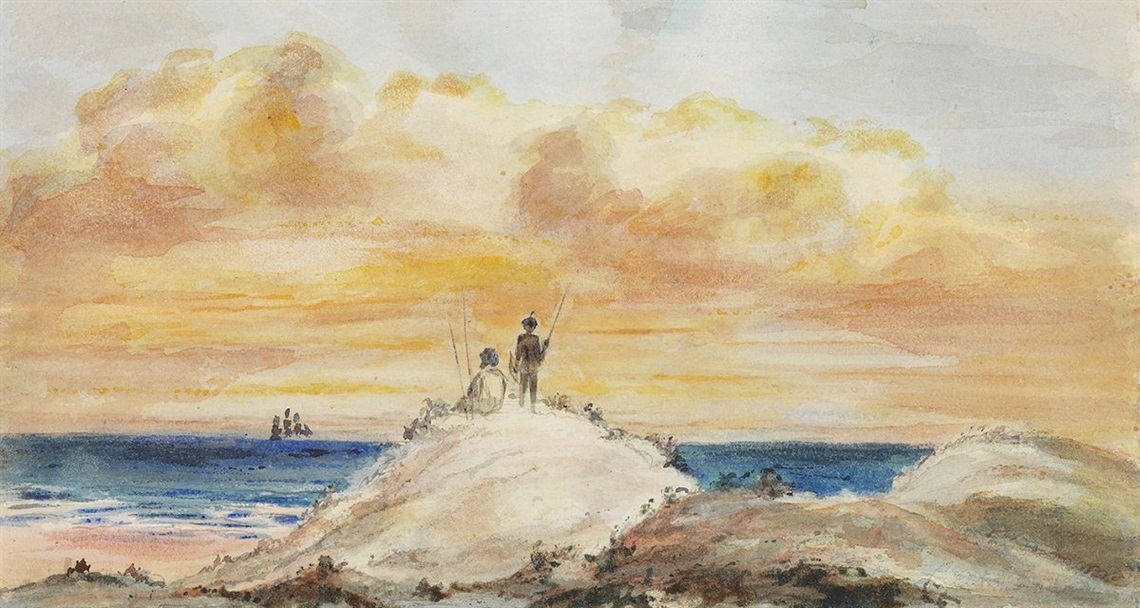 Wonggayerlo Western sea (Gulf Saint Vincent), Two Aboriginal males on hill looking at ship in the distance 1870. W.A. Cawthorne, State Library of NSW