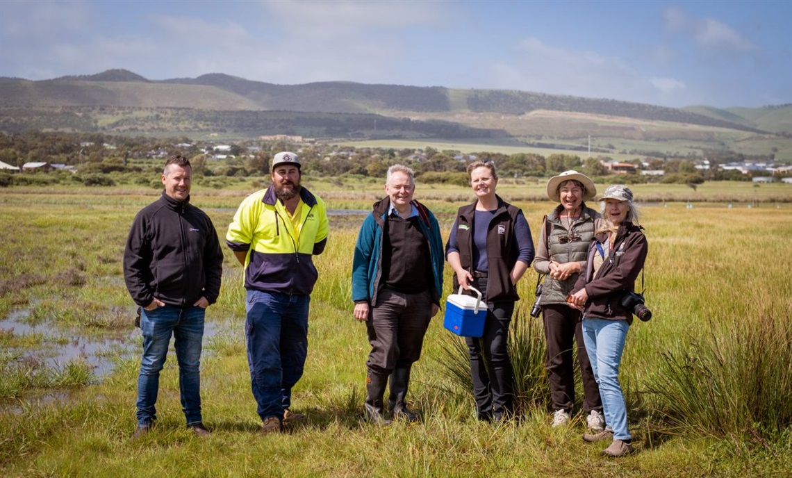 Washpool caretakers (from left) Matt Endacott (Green Adelaide), Danny Millbanks (City of Port Adelaide Enfield), Tony Flaherty (Green Adelaide), Kerri Bartley (City of Onkaparinga), Jean Tucker (BirdLife Australia) and Julie Burgher