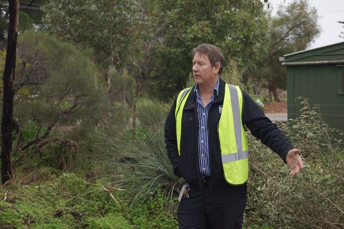 City of Onkaparinga's Ian Hockley, Hills and Fleurieu Landscape Board's Dana Miles and Blewett Springs resident Becky Hirst inspecting a lane cleared of feral olive trees.