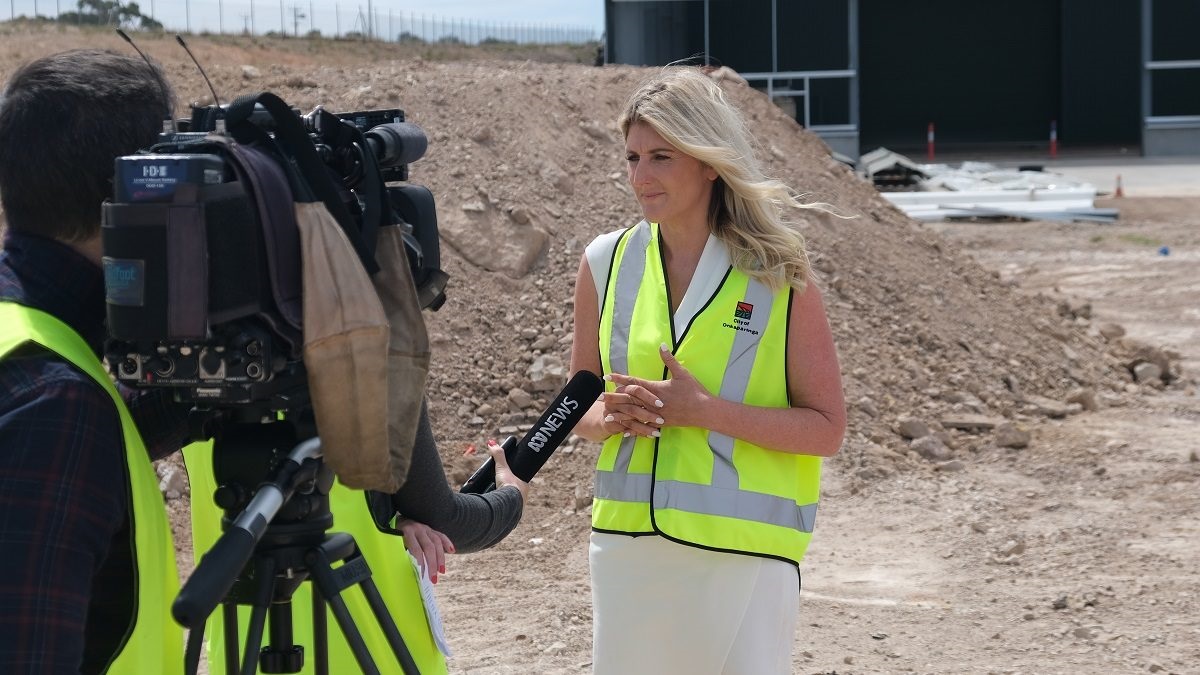 On the site of the new material recycling facility planned for Seaford Heights (left to right): City of Marion Mayor Kris Hanna, SRWRA CEO Chris Adams, City of Holdfast Bay Mayor Amanda Wilson, and City of Onkaparinga Mayor Erin Thompson.