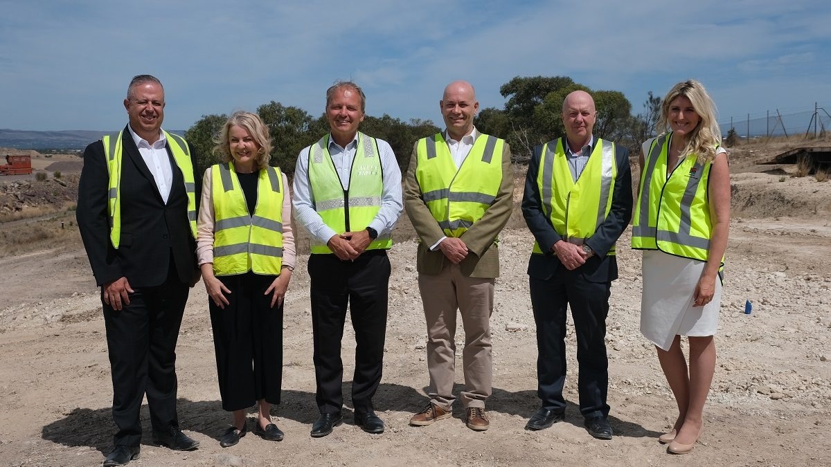 On the site of the new material recycling facility planned for Seaford Heights (left to right): City of Marion Mayor Kris Hanna, SRWRA CEO Chris Adams, City of Holdfast Bay Mayor Amanda Wilson, and City of Onkaparinga Mayor Erin Thompson.
