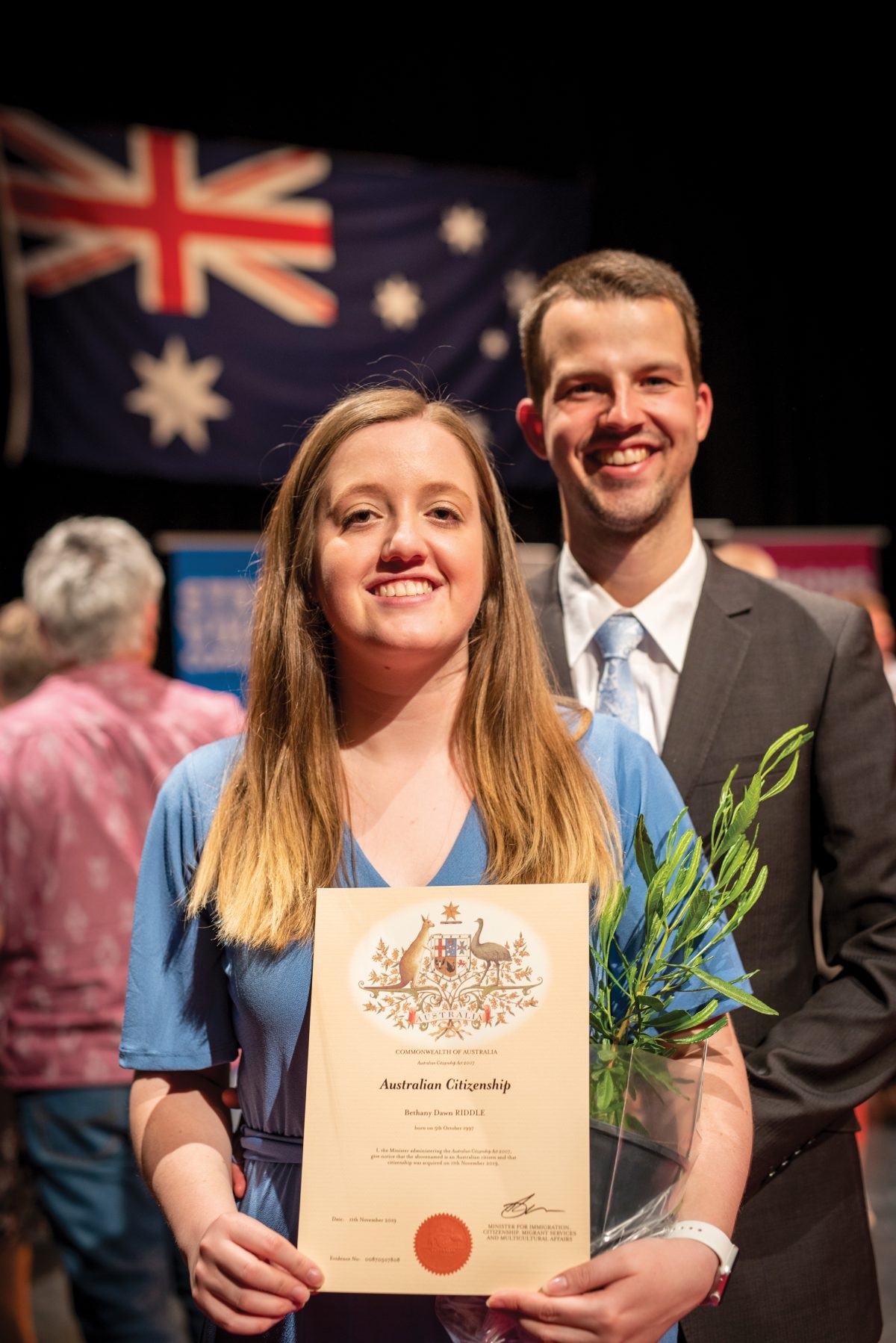 Bethany Riddle (nee Joyner) with husband Harrison at November’s citizenship ceremony