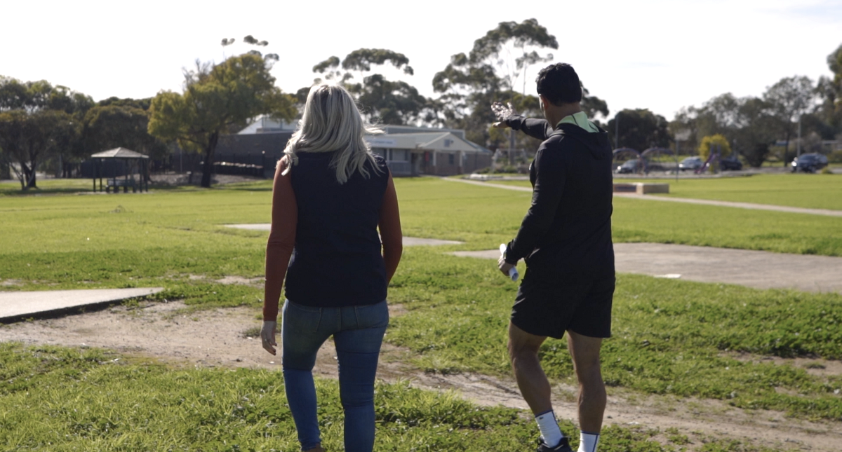 Roger Rasheed and Erin Thompson walk through Morton Road Reserve; artist impressions of the sports and community hub