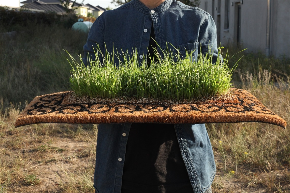 Palm fibre welcome mat and sprouted birdseed. Image courtesy of Sasha Grbich and Kelly Reynolds.