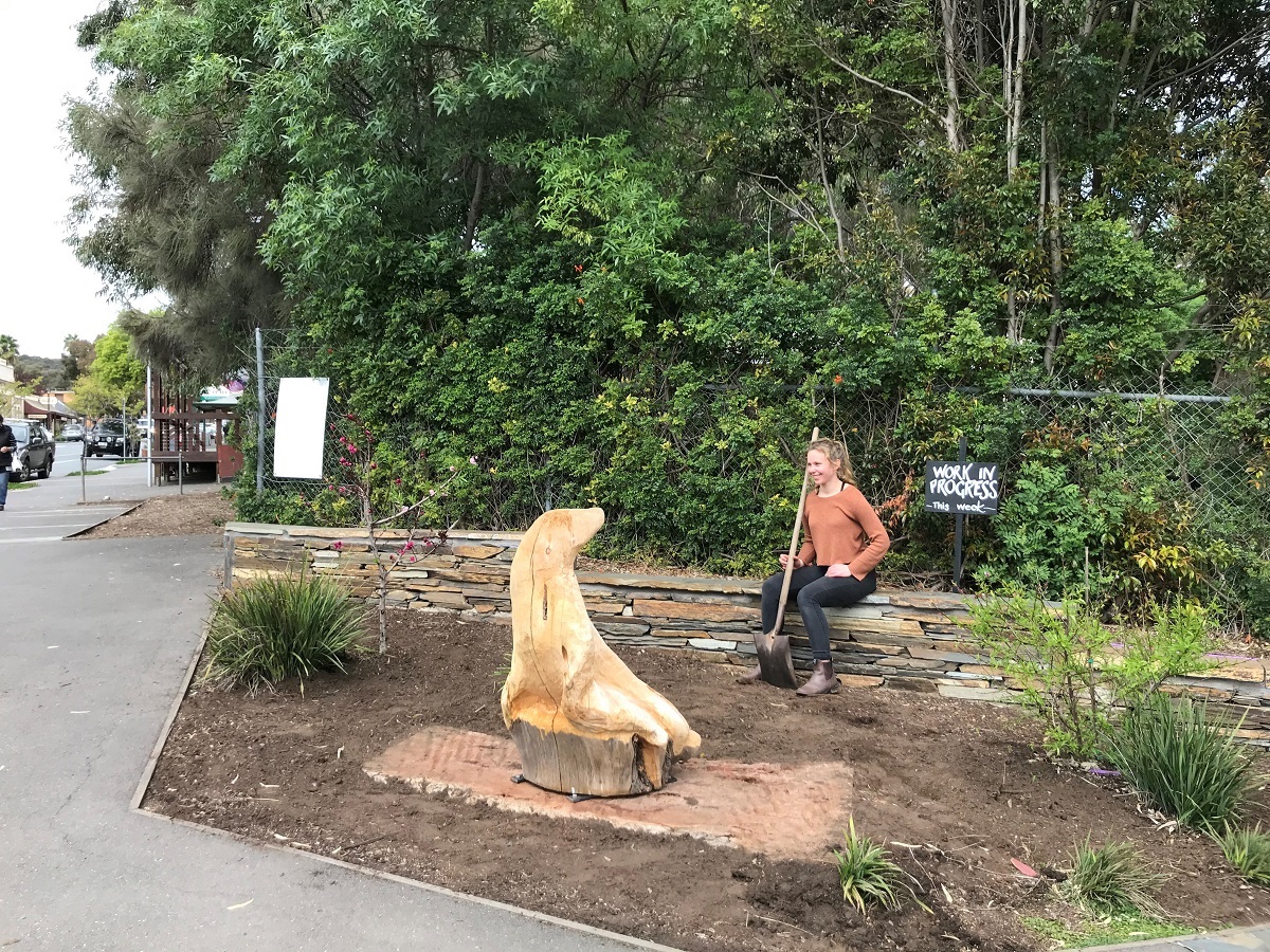 The wooden sculpture is a new temporary public artwork – titled ‘Can You Sea?’ – from Willunga Waldorf School year 12 student, Indiana Noon, who hopes you’ll heed the rubbish-strewn marine mammal’s message.