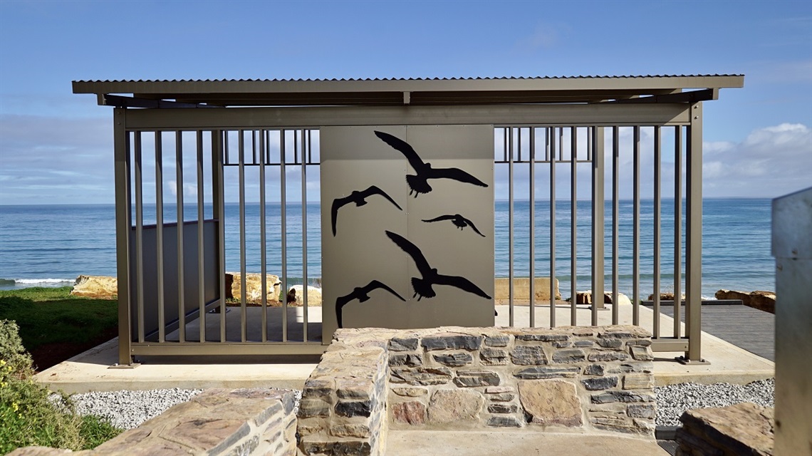 Scenes from the new beach shelter at Sellicks Beach, where recycled plastic was used for the decking. Photos: Terrain Group