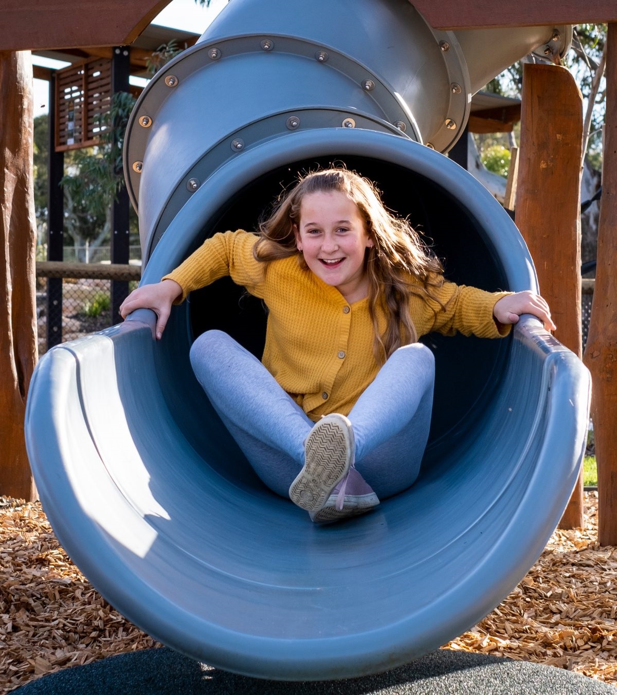 Annabelle slides down from Possum's Hangout