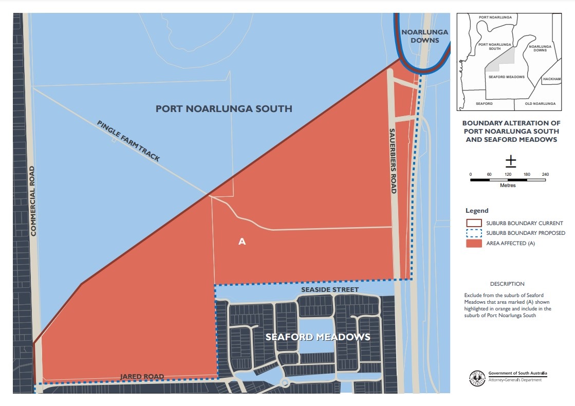The Office of the Surveyor-General is consulting with the community about a proposed change to part of the boundary between Seaford Meadows and Port Noarlunga South.