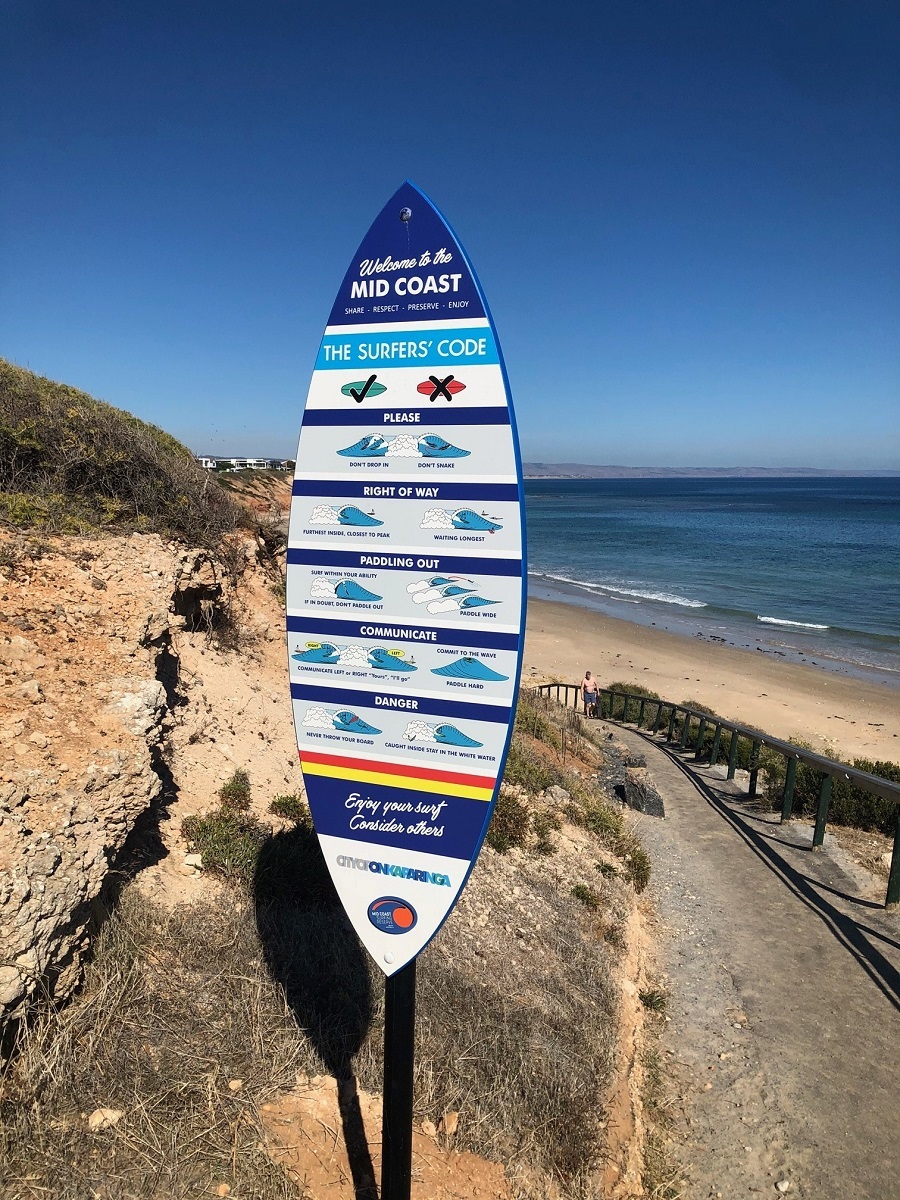 Signage and surf along the magic Mid Coast. Photos: Mid Coast Surfing Reserve
