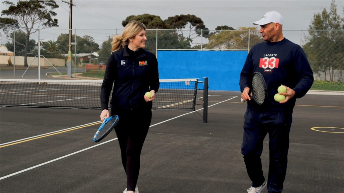 Mayor Erin Thompson and Roger Rasheed at the newly opened tennis courts at Morton Road Reserve.