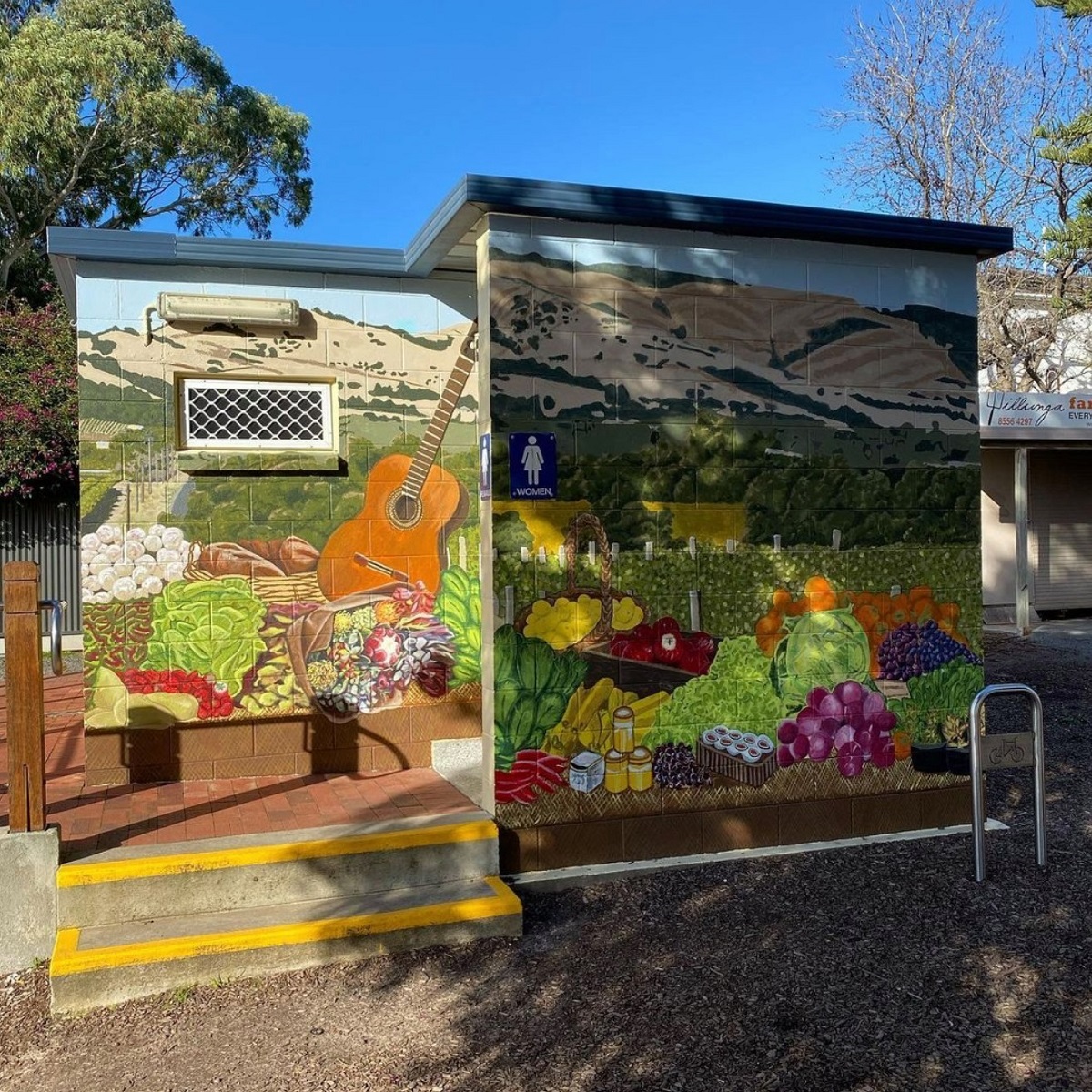 A closeup shot of colourful fresh produce that features on the toilet block mural.