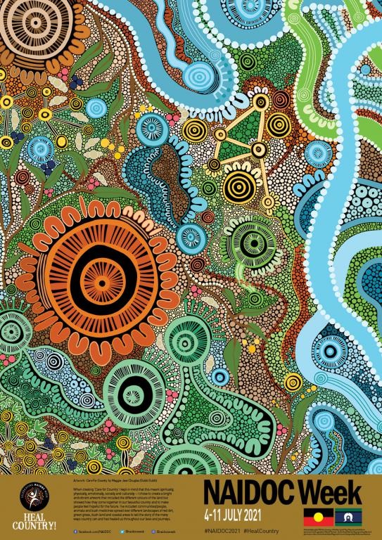 The National 2021 NAIDOC Week poster by Maggie-Jean Douglas ‘Care for Country’, incorporating the Aboriginal Flag (licensed by WAM Clothing Pty Ltd) and the Torres Strait Islander Flag (licensed by the Torres Strait Island Council).