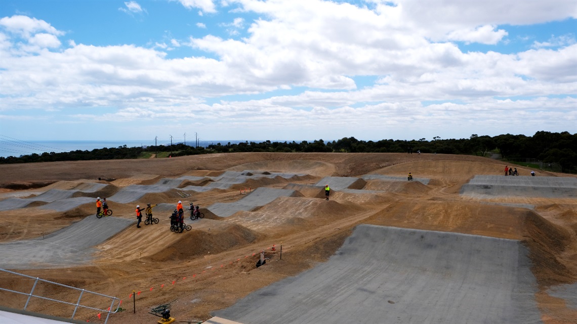 A shot from high on a platform of the track's jumps.