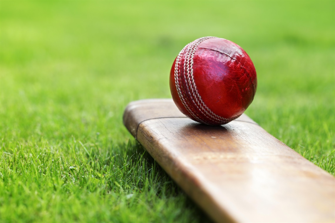 A red cricket ball sits atop a bat lying on green grass.