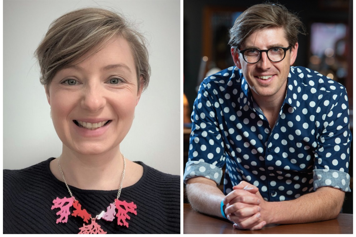 Side-by-side smiling portraits of Dr Alice Jones and Dr Dominic McAfee.