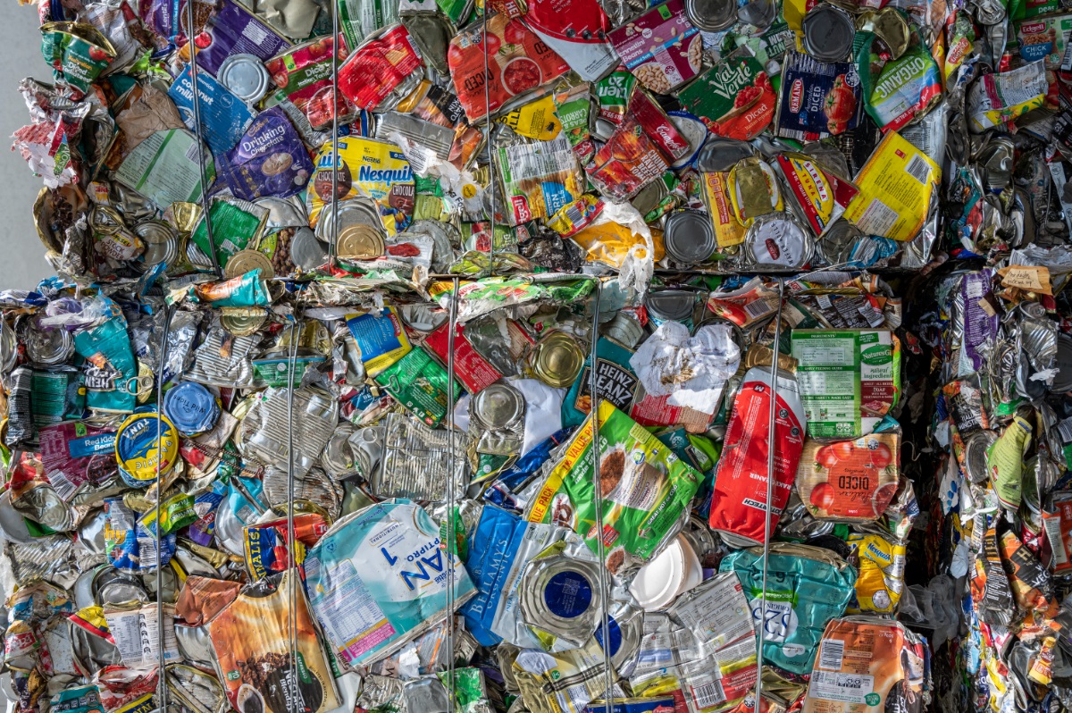 A close-up of a cube of compacted metal recycling at the SMRF.