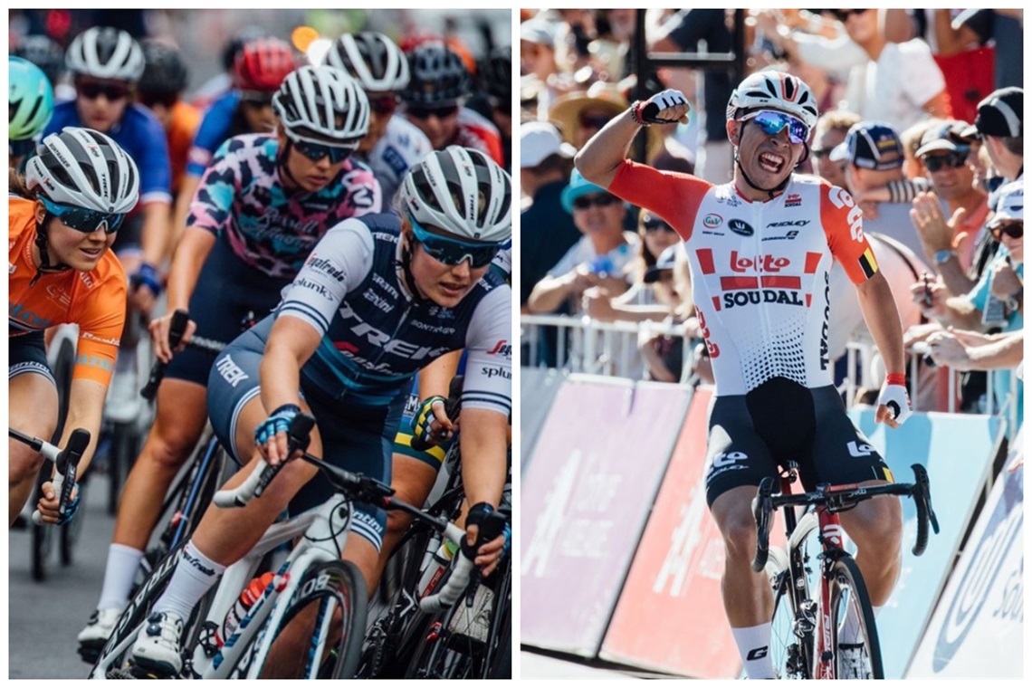 A collage of two images, side-by-side - the left image featuring a close-up pack of women cyclists turning a corner, and the right image featuring a male cyclist pumping his fist at the finish line.