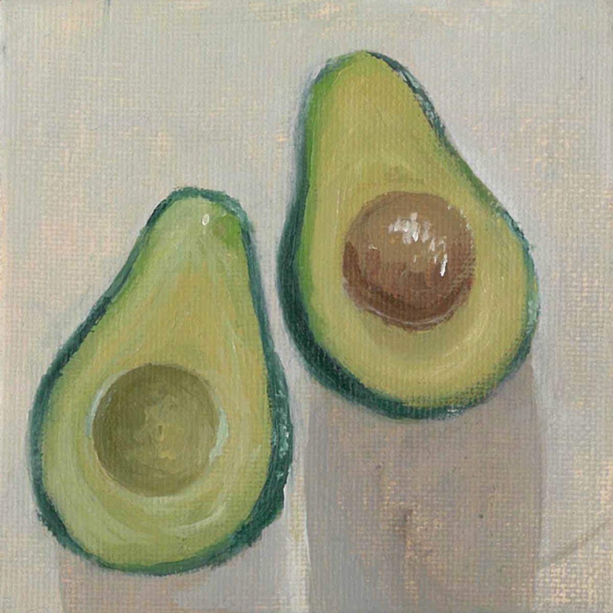 A painting of the insides of a halved green avocado.