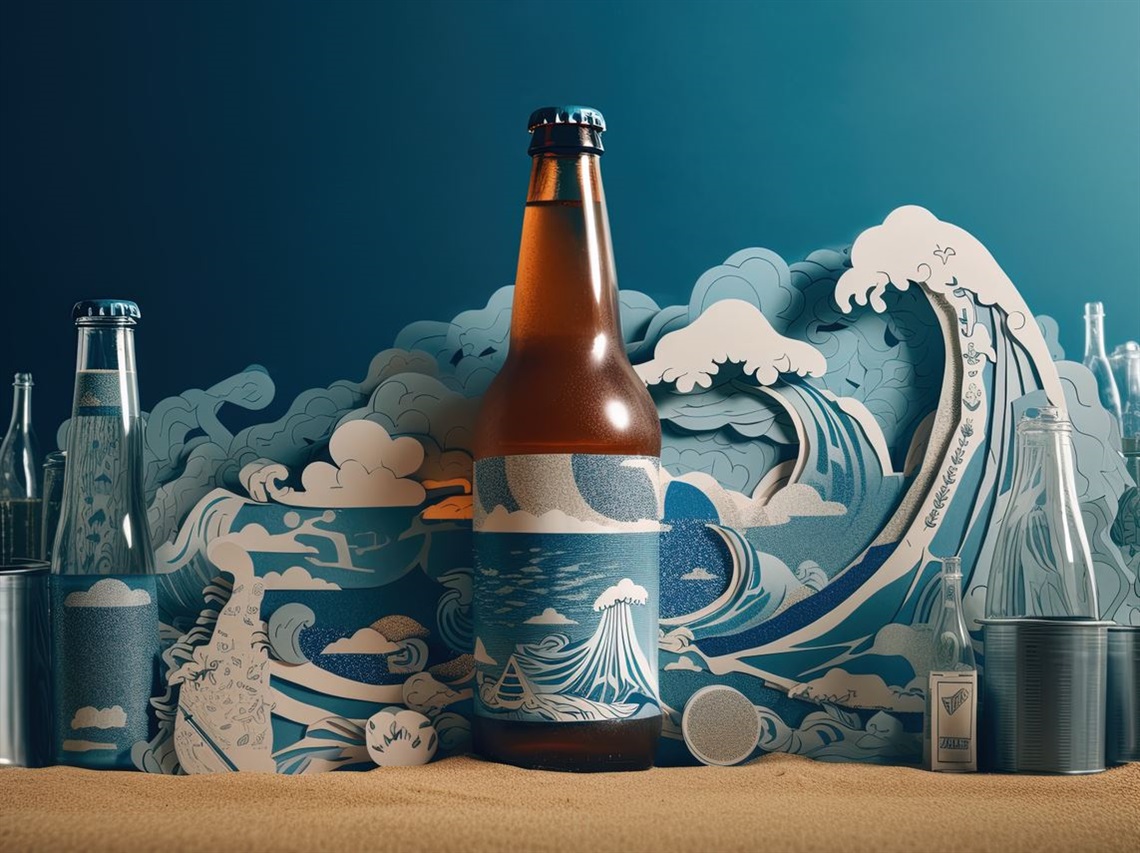 A beer bottle adorned with a blue-and-white coastal label sits on top of some sand and in front of artwork of breaking waves.