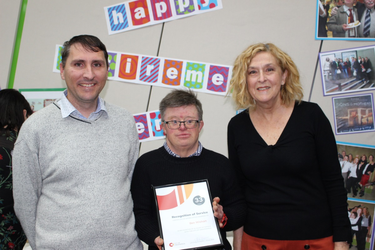 Ben holds his certificate up alongside Micah from Barkuma (left) and Lorraine from Onkaparinga Council (right).