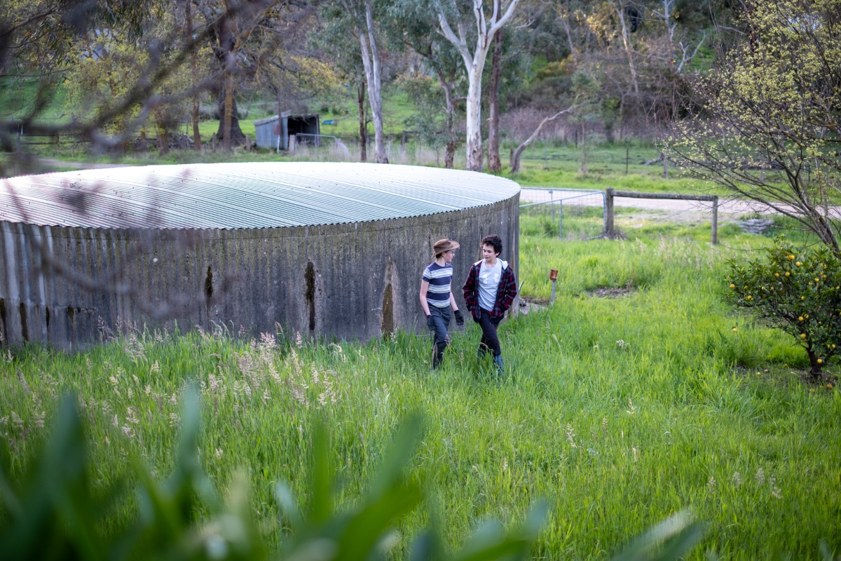 Two boys walk among green grass in front of a water tank on their property.