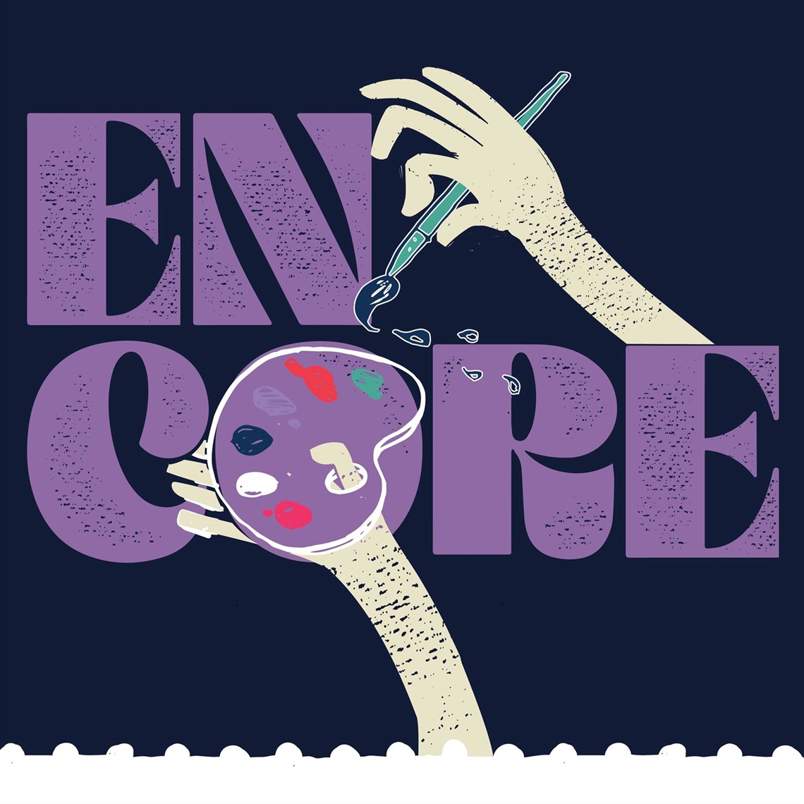 The Encore logo in purple text with a navy blue background featuring a hand with a paintbrush and a paint-filled palette.