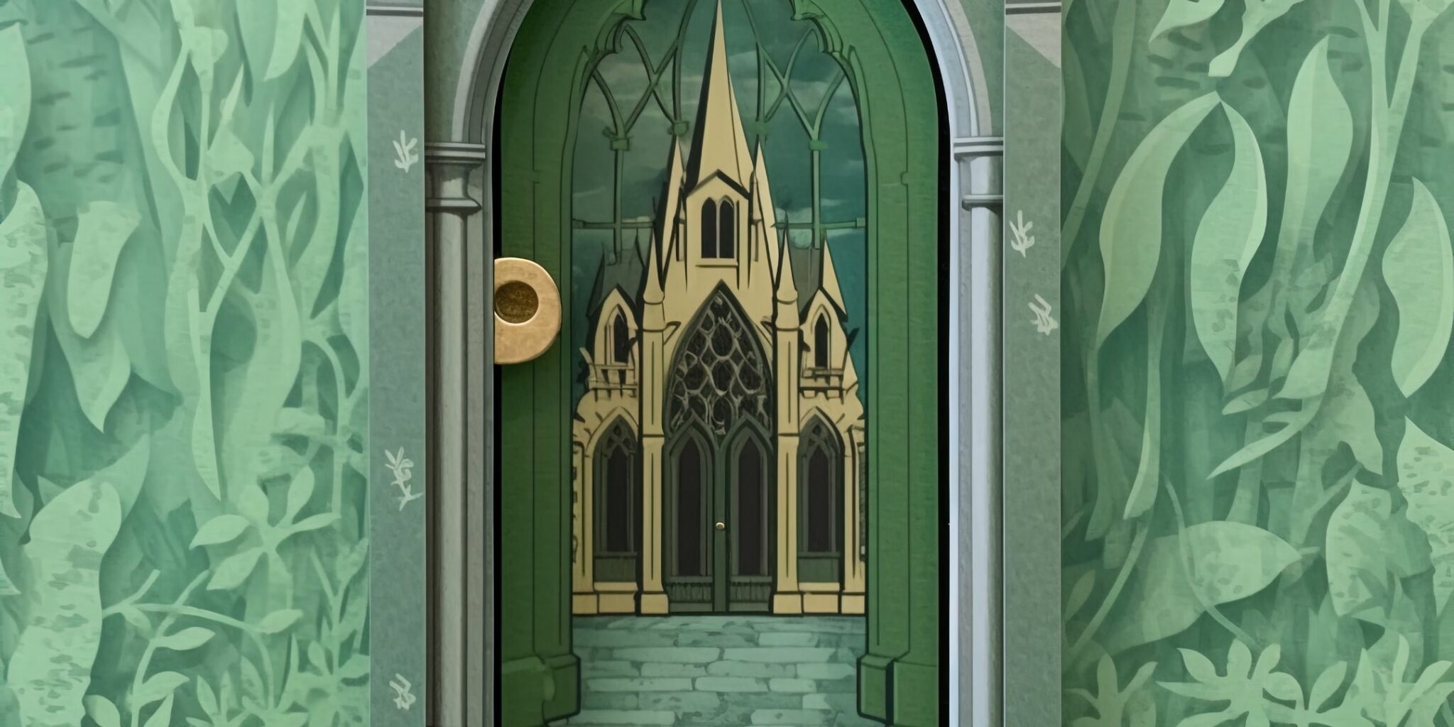 Artwork featuring an illustrated yellow castle framed by a green doorway and wall.