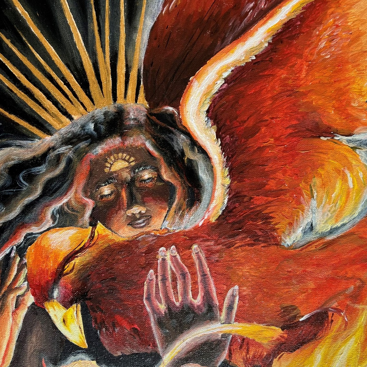 A painting featuring a long-haired woman cradling an orange-and-red bird.