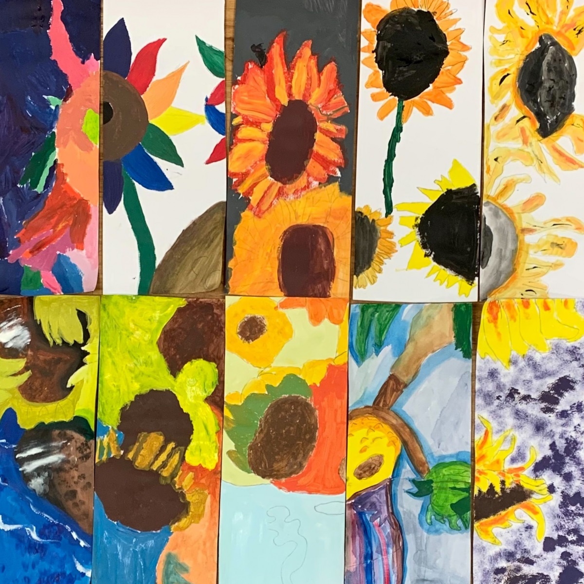 Ten paintings of sunflowers in various styles alongside each other in rows of five.