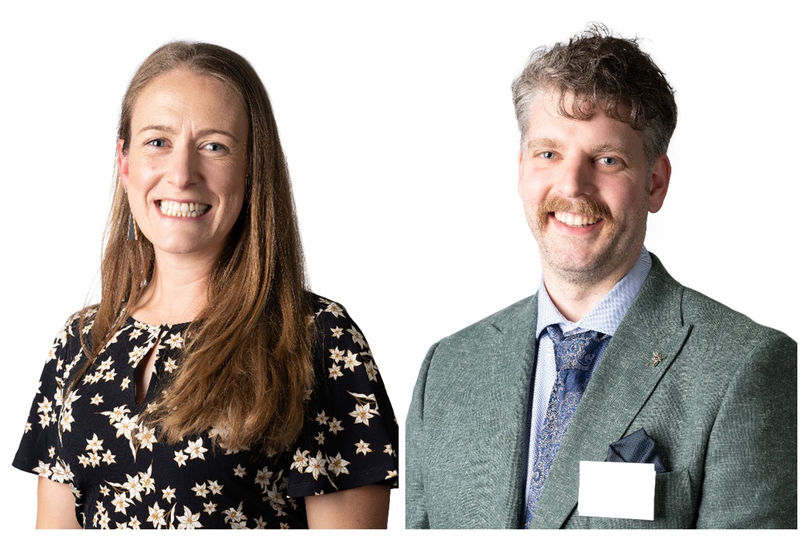 Smiling portrait photographs of Mid Coast Ward Councillors Gretel Wilkes and Dan Platten on a white background.