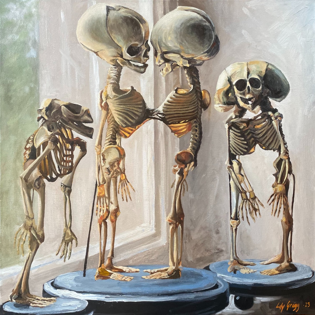 A painting featuring four small human-like skeletons atop pedestals.