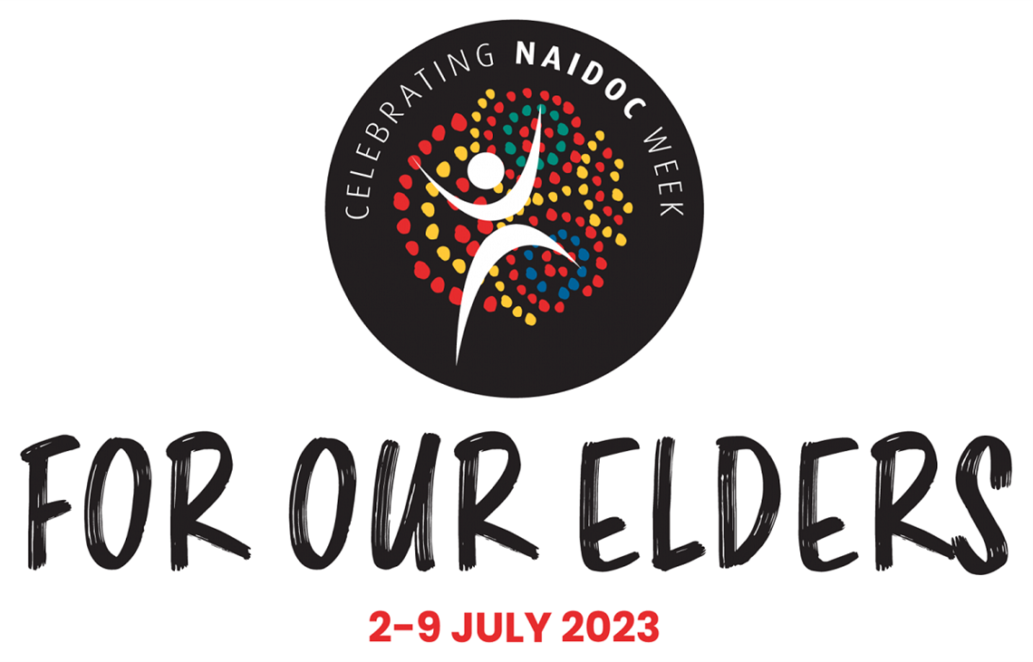 The NAIDOC logo with the words 'For our elders' written underneath.
