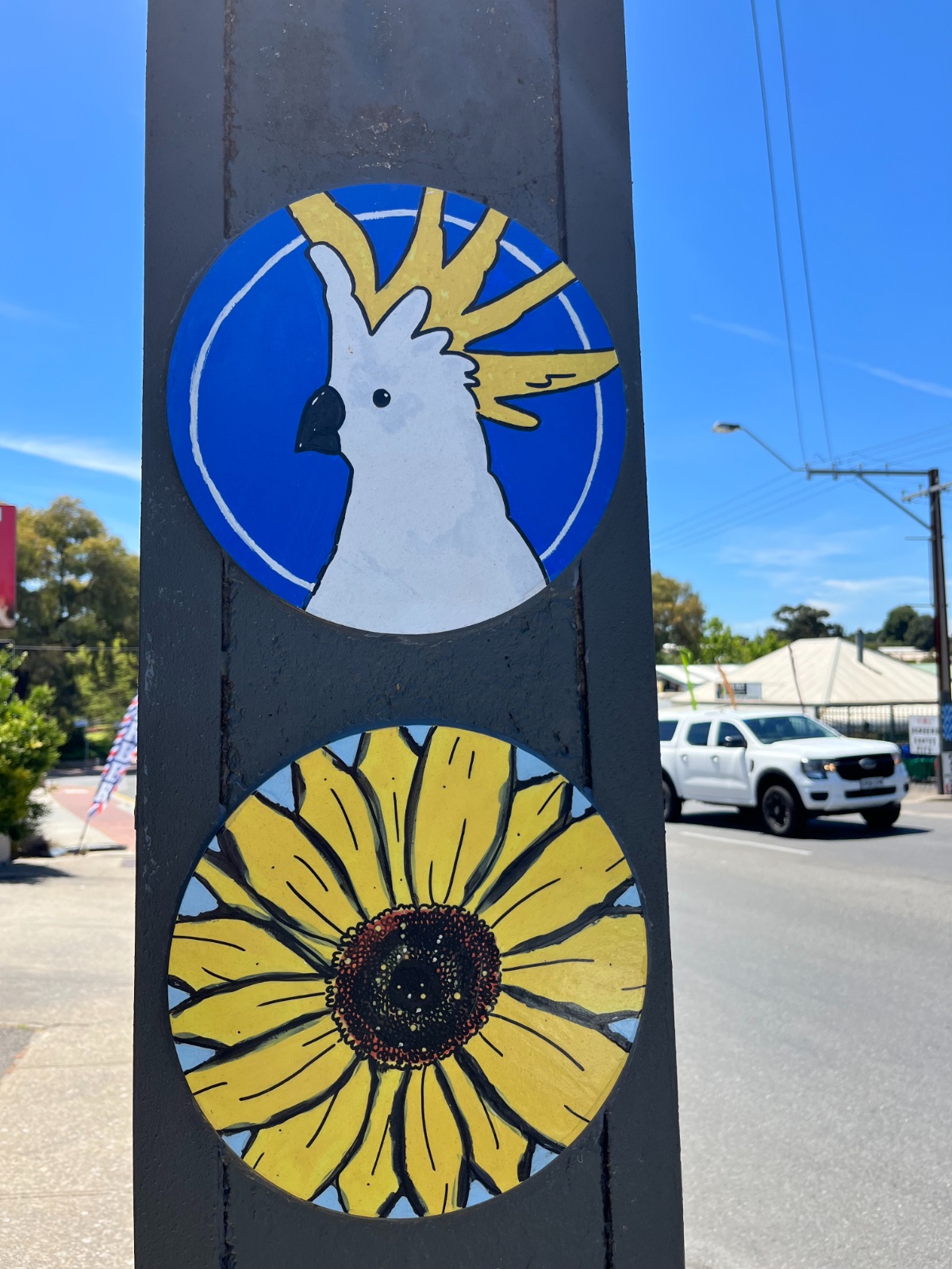 A close-up image of Stobie pole artworks in Old Reynella.